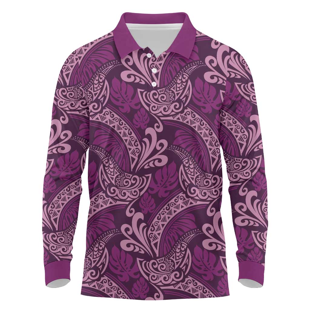 Royal Purple Monstera Long Sleeve Polo Shirt Polynesian Tribal Pattern - Polynesian Pride