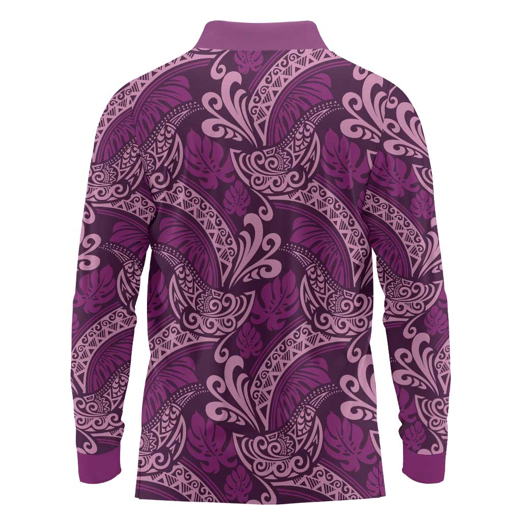 Royal Purple Monstera Long Sleeve Polo Shirt Polynesian Tribal Pattern - Polynesian Pride