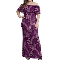 Royal Purple Monstera Off Shoulder Maxi Dress Polynesian Tribal Pattern - Polynesian Pride