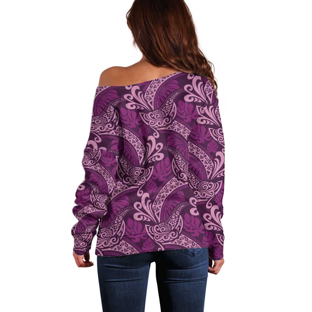 Royal Purple Monstera Off Shoulder Sweater Polynesian Tribal Pattern - Polynesian Pride