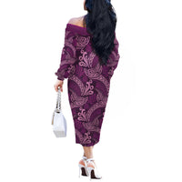 Royal Purple Monstera Off The Shoulder Long Sleeve Dress Polynesian Tribal Pattern - Polynesian Pride