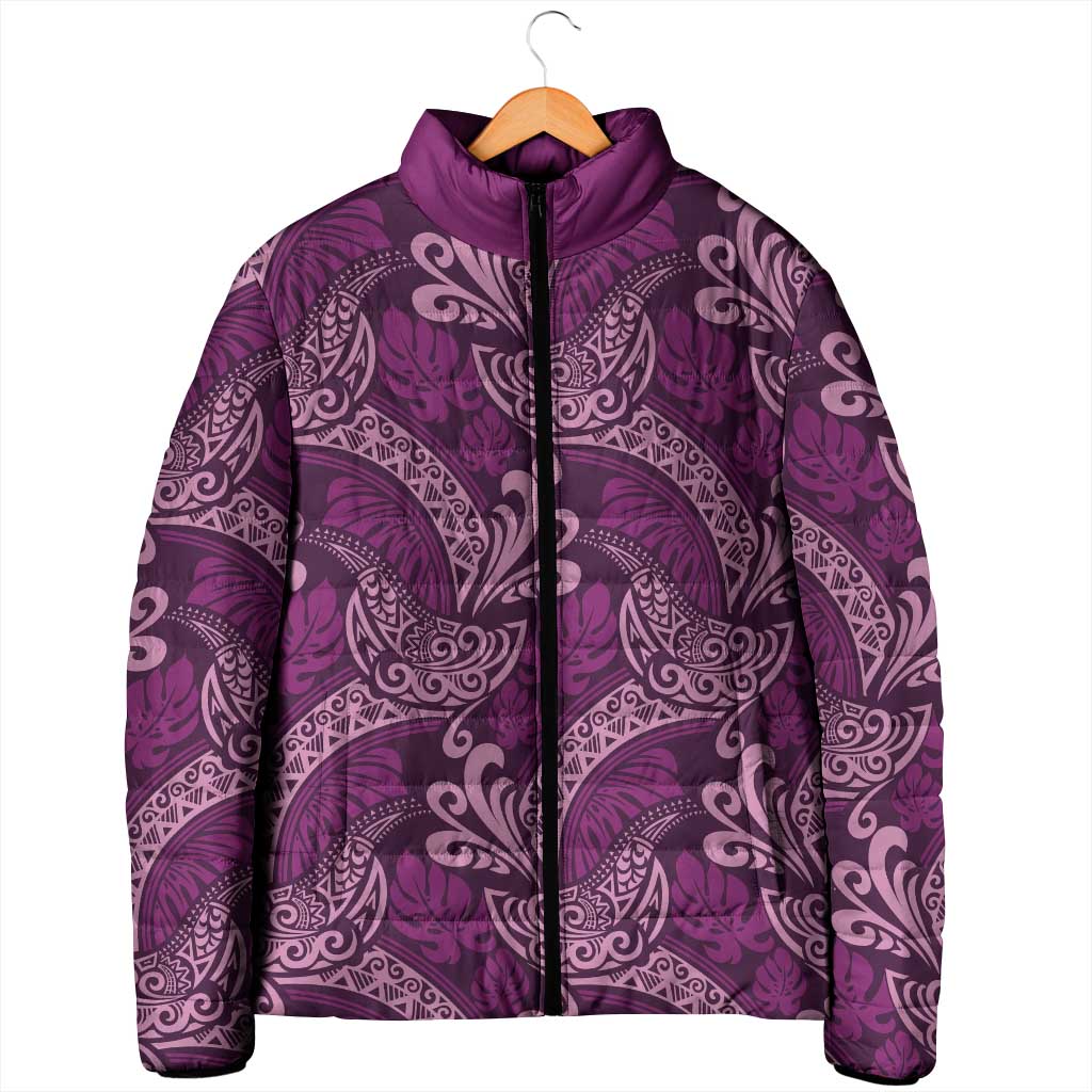 Royal Purple Monstera Padded Jacket Polynesian Tribal Pattern - Polynesian Pride