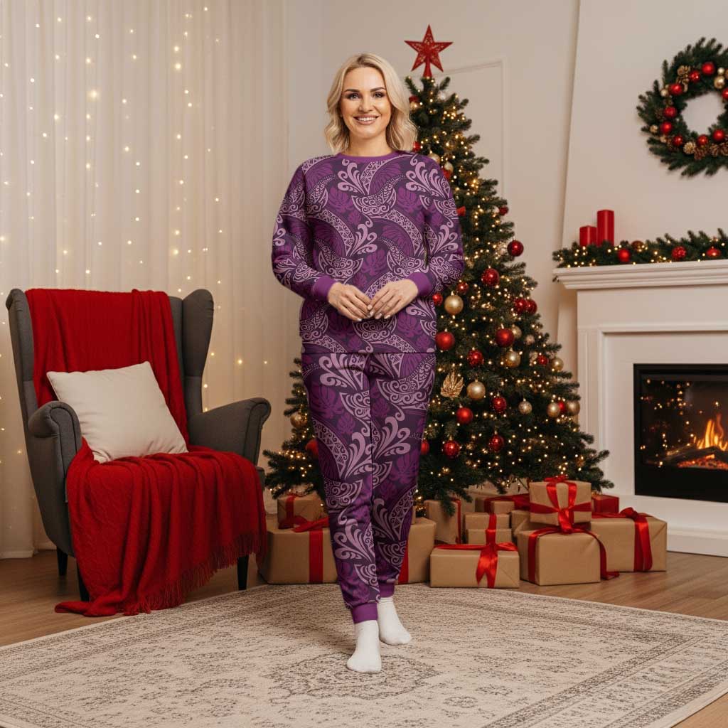 Royal Purple Monstera Christmas Pajama Set Polynesian Tribal Pattern - Polynesian Pride