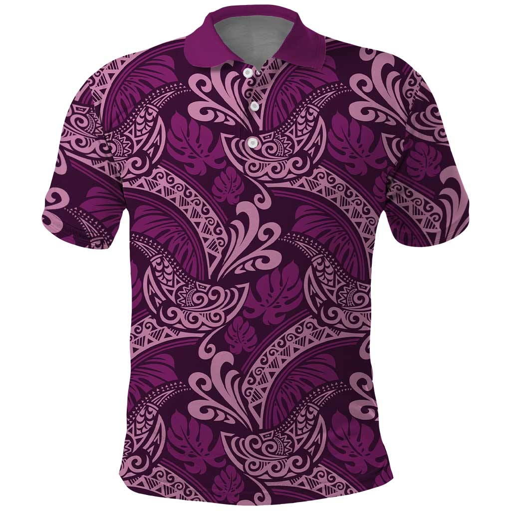 Royal Purple Monstera Polo Shirt Polynesian Tribal Pattern - Polynesian Pride