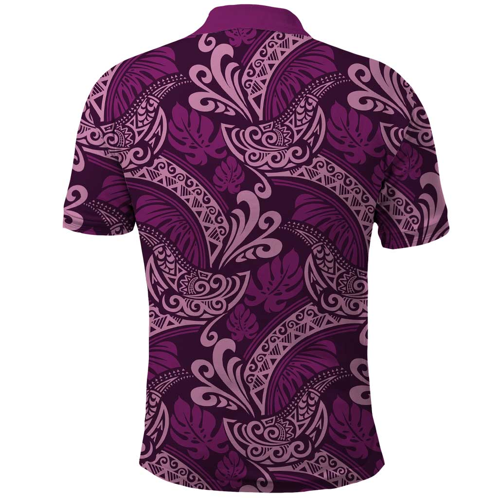 Royal Purple Monstera Polo Shirt Polynesian Tribal Pattern - Polynesian Pride