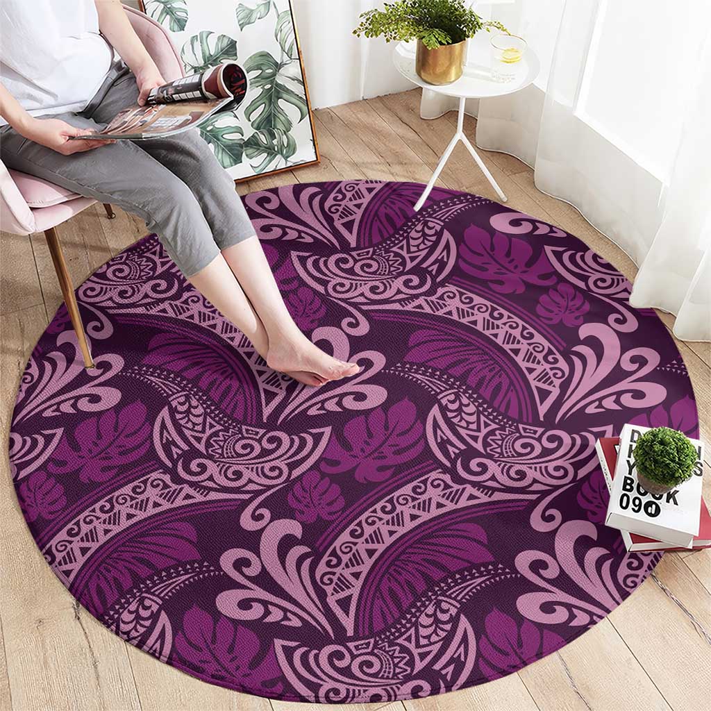 Royal Purple Monstera Round Carpet Polynesian Tribal Pattern - Polynesian Pride