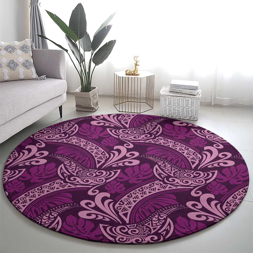 Royal Purple Monstera Round Carpet Polynesian Tribal Pattern - Polynesian Pride