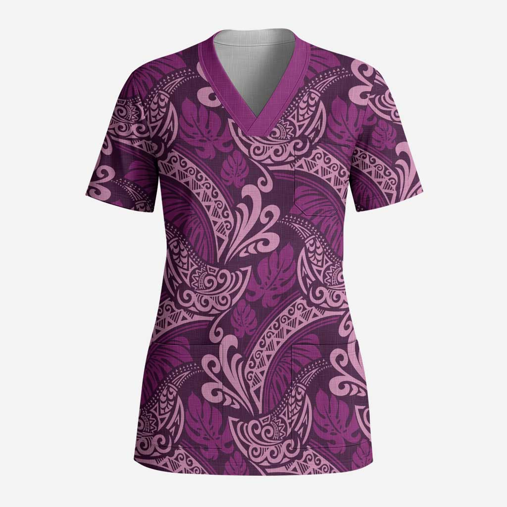 Royal Purple Monstera Scrub Top Polynesian Tribal Pattern - Polynesian Pride
