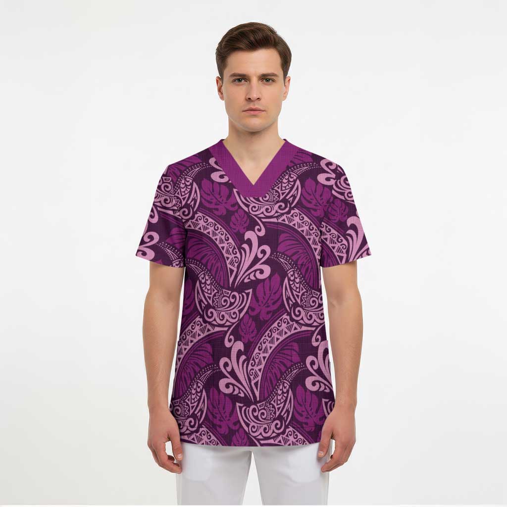Royal Purple Monstera Scrub Top Polynesian Tribal Pattern - Polynesian Pride