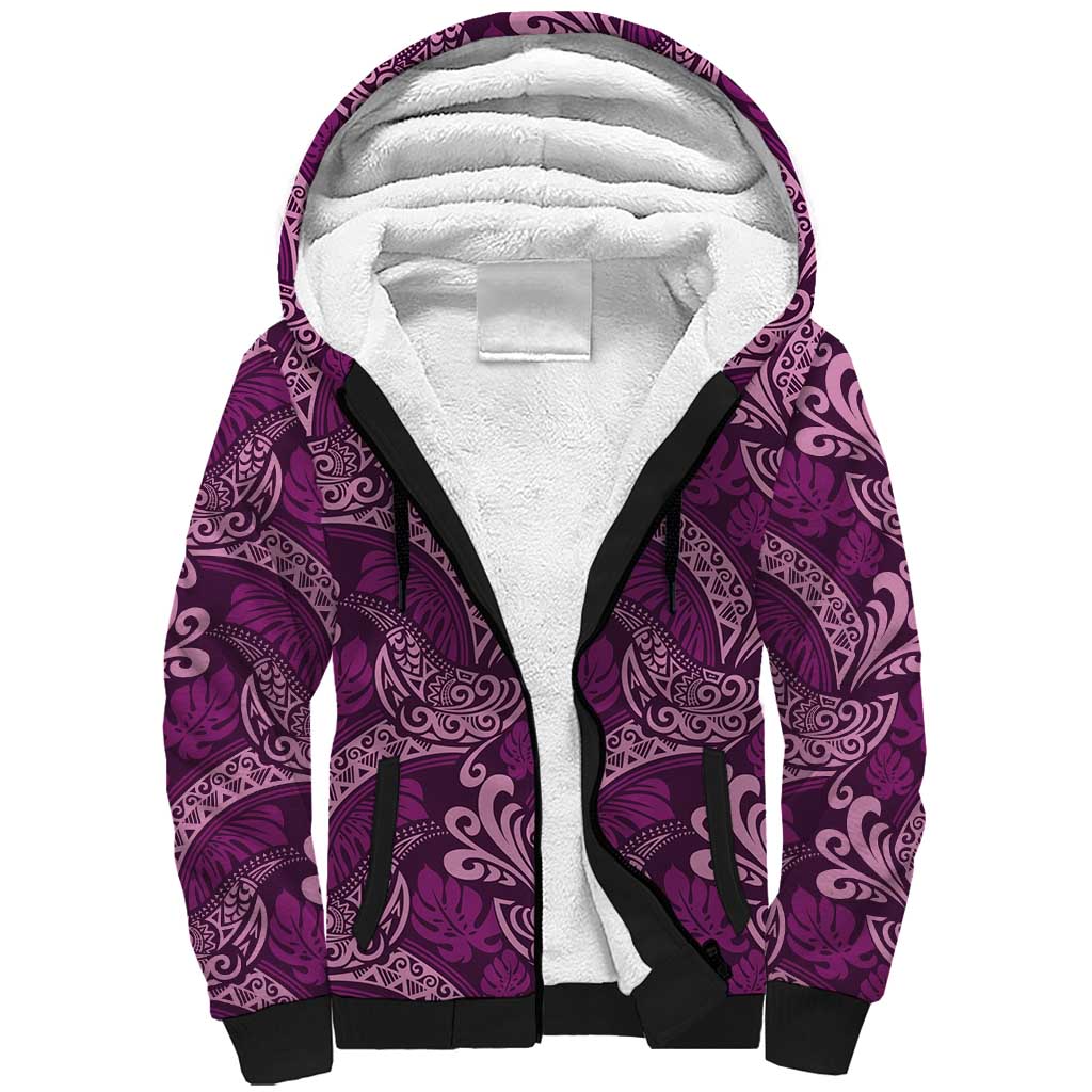 Royal Purple Monstera Sherpa Hoodie Polynesian Tribal Pattern - Polynesian Pride