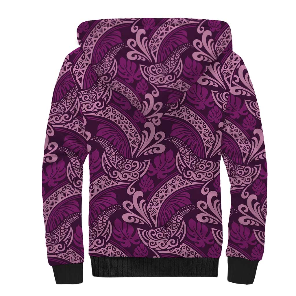 Royal Purple Monstera Sherpa Hoodie Polynesian Tribal Pattern - Polynesian Pride