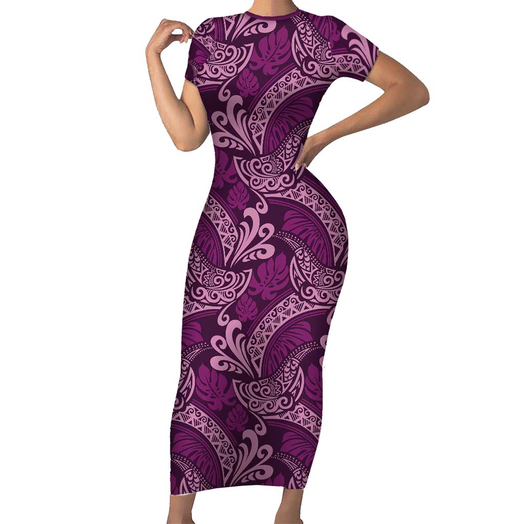 Royal Purple Monstera Short Sleeve Bodycon Dress Polynesian Tribal Pattern - Polynesian Pride