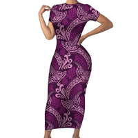 Royal Purple Monstera Short Sleeve Bodycon Dress Polynesian Tribal Pattern - Polynesian Pride