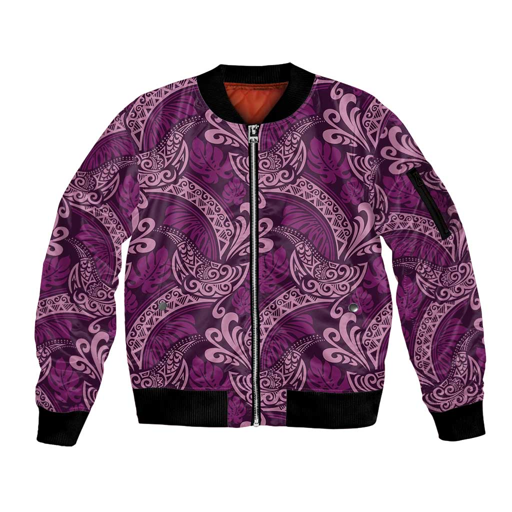 Royal Purple Monstera Sleeve Zip Bomber Jacket Polynesian Tribal Pattern - Polynesian Pride