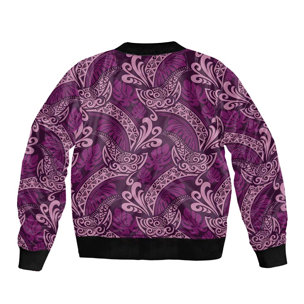 Royal Purple Monstera Sleeve Zip Bomber Jacket Polynesian Tribal Pattern - Polynesian Pride