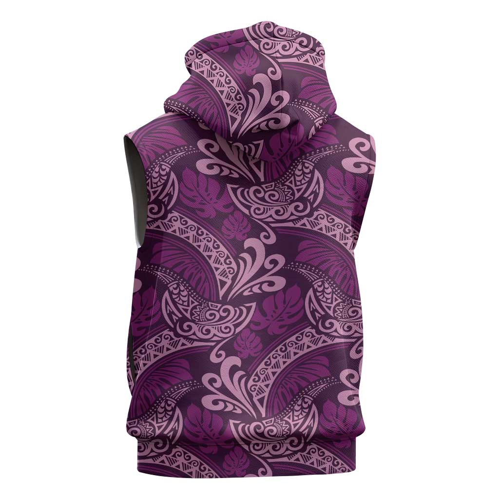 Royal Purple Monstera Sleeveless Hoodie Polynesian Tribal Pattern - Polynesian Pride