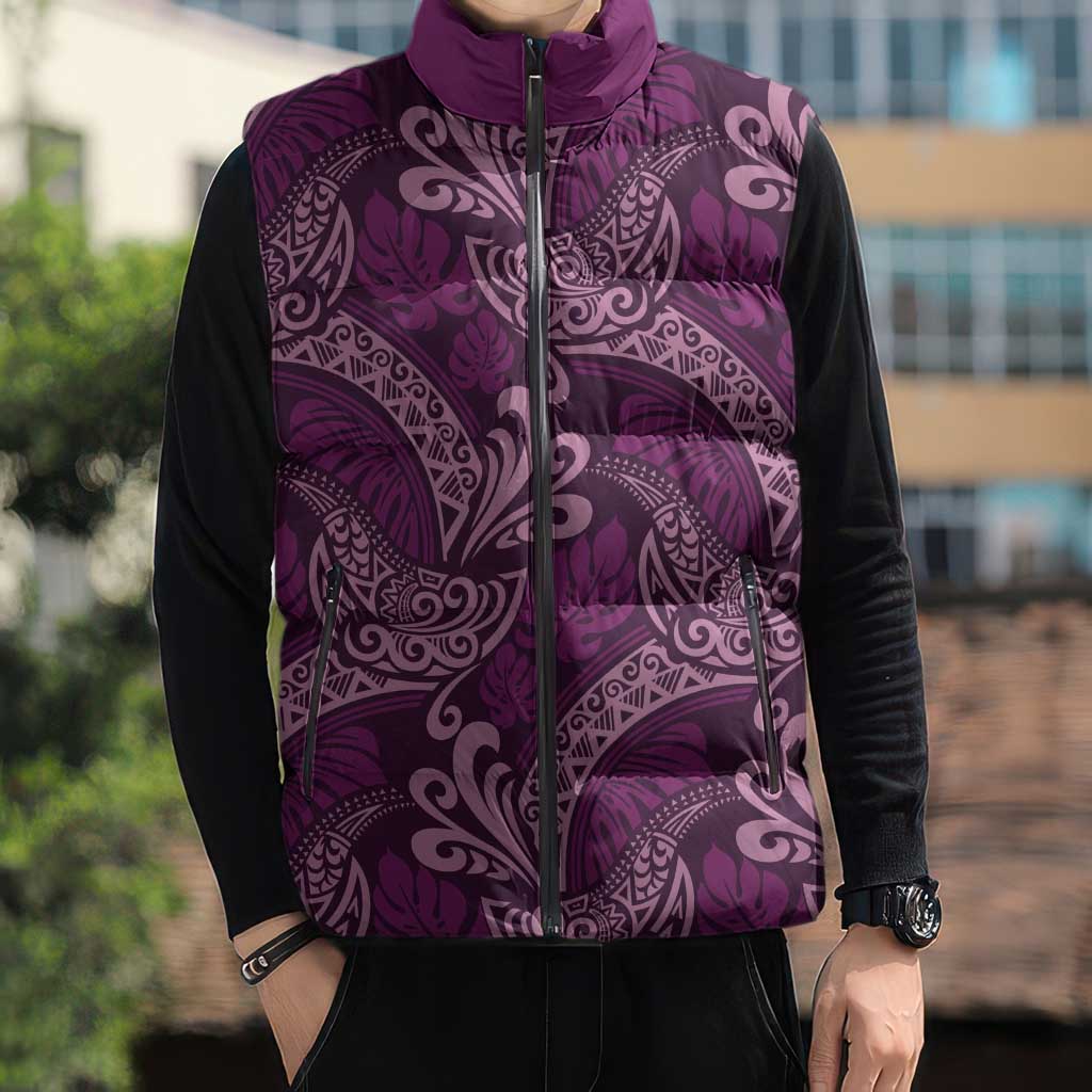Royal Purple Monstera Sleeveless Puffer Jacket Polynesian Tribal Pattern - Polynesian Pride