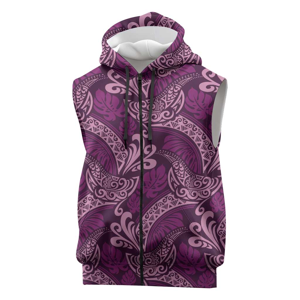 Royal Purple Monstera Sleeveless Zip Hoodie Polynesian Tribal Pattern - Polynesian Pride
