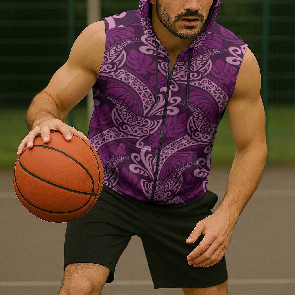 Royal Purple Monstera Sleeveless Zip Hoodie Polynesian Tribal Pattern - Polynesian Pride