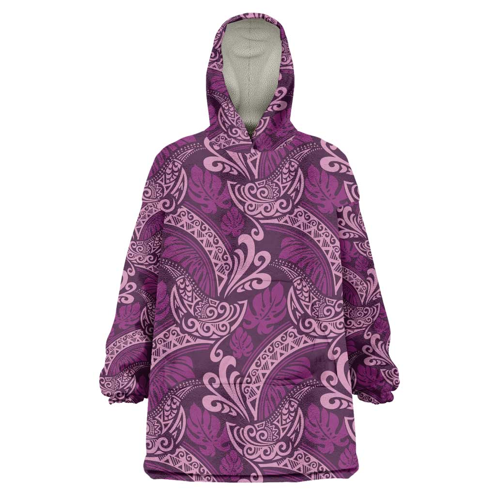 Royal Purple Monstera Wearable Blanket Hoodie Polynesian Tribal Pattern - Polynesian Pride