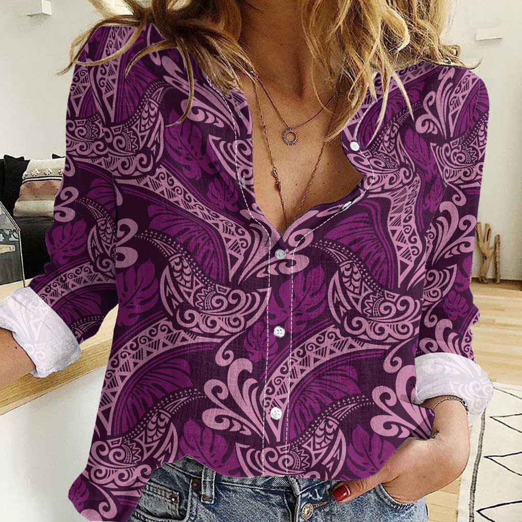 Royal Purple Monstera Women Casual Shirt Polynesian Tribal Pattern - Polynesian Pride