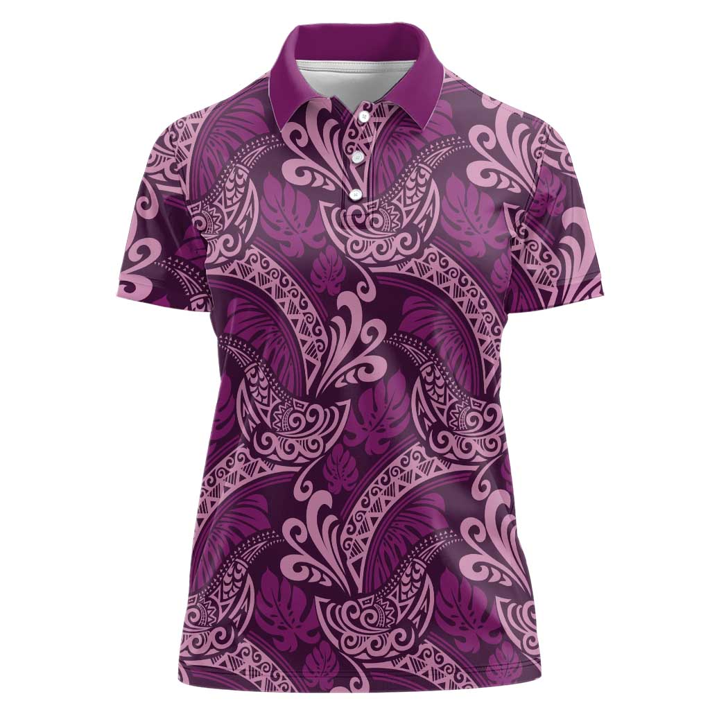 Royal Purple Monstera Women Polo Shirt Polynesian Tribal Pattern - Polynesian Pride