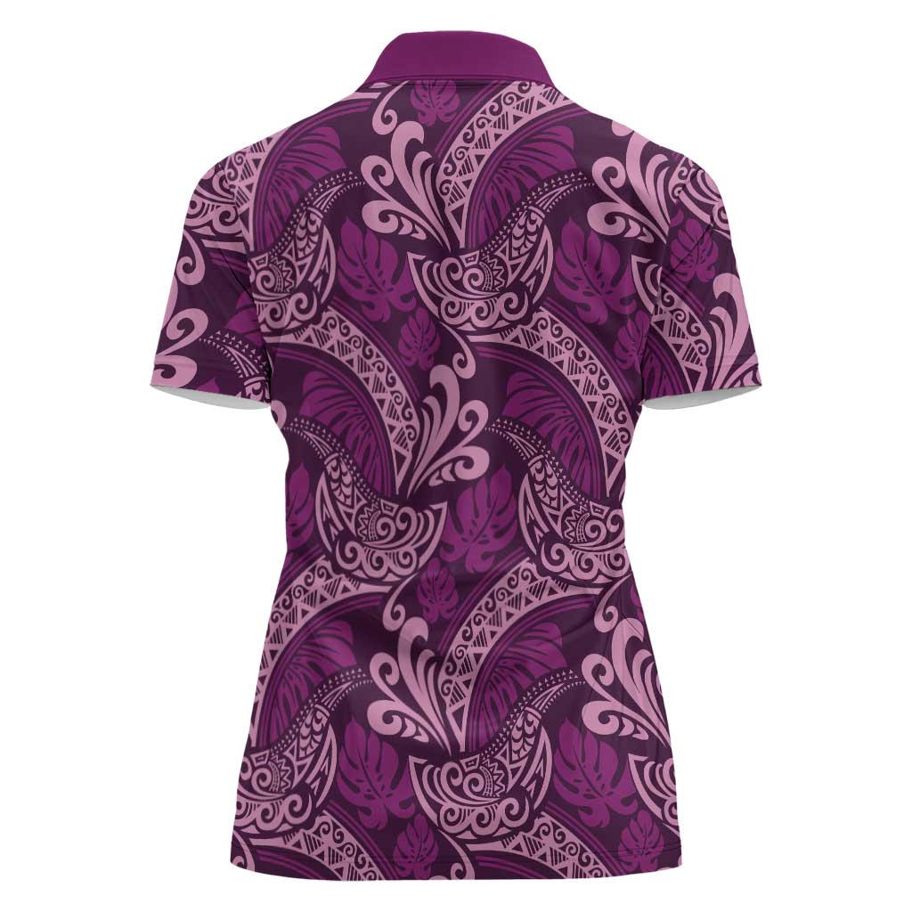 Royal Purple Monstera Women Polo Shirt Polynesian Tribal Pattern - Polynesian Pride