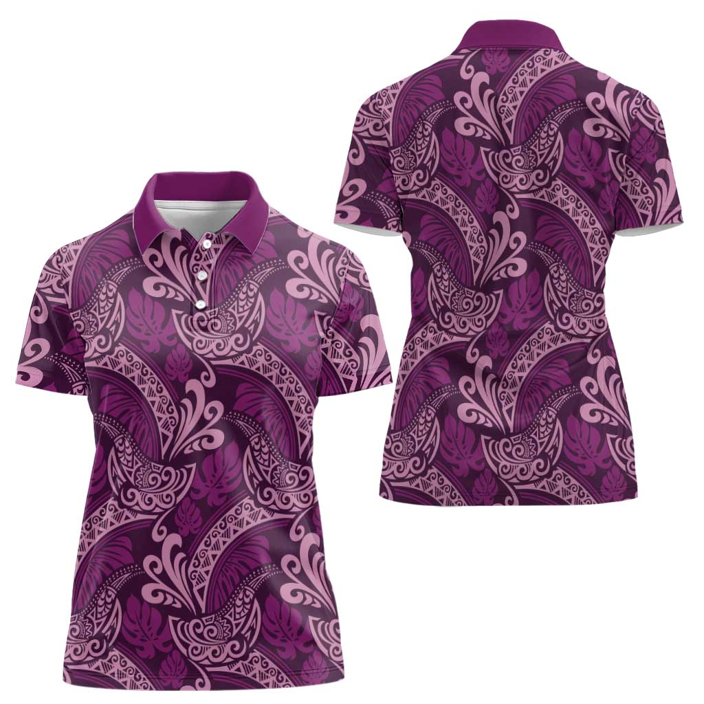 Royal Purple Monstera Women Polo Shirt Polynesian Tribal Pattern - Polynesian Pride