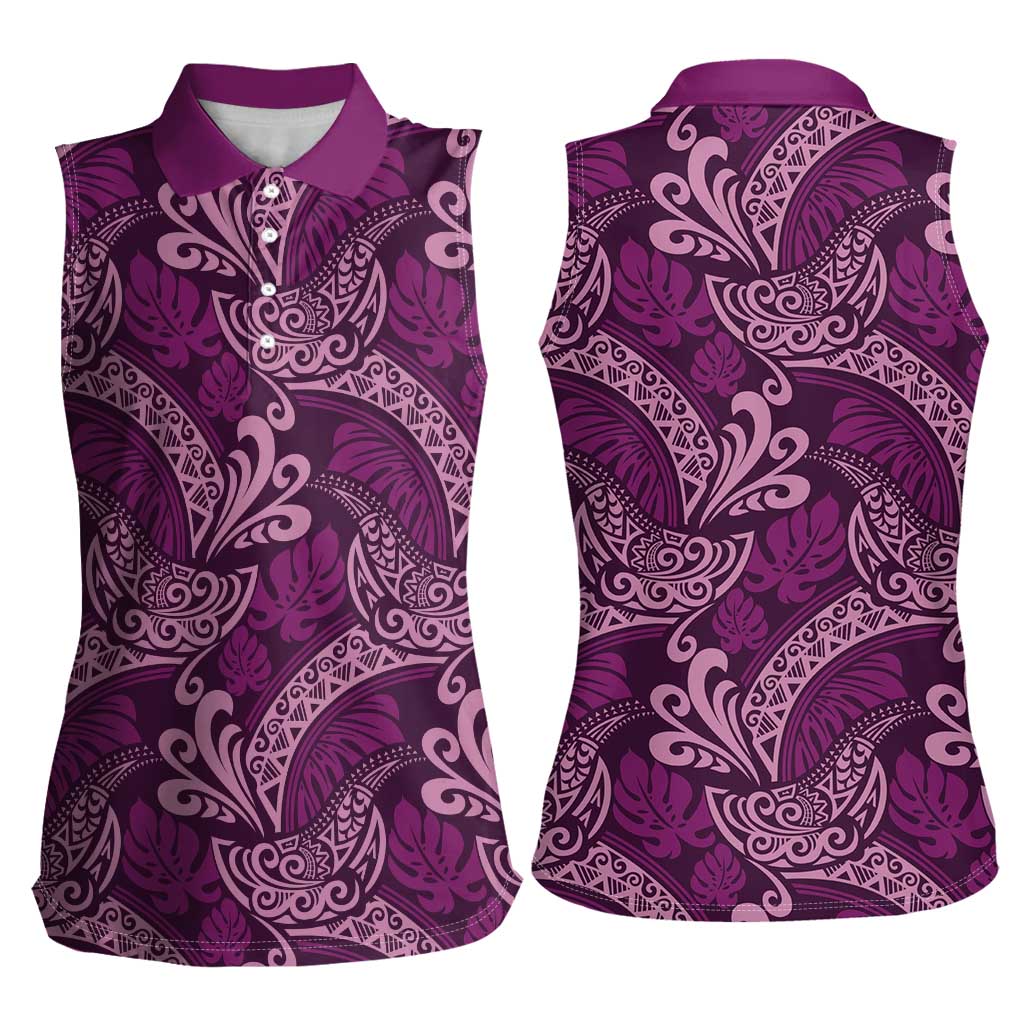 Royal Purple Monstera Women Sleeveless Polo Shirt Polynesian Tribal Pattern - Polynesian Pride