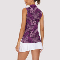 Royal Purple Monstera Women Sleeveless Polo Shirt Polynesian Tribal Pattern - Polynesian Pride