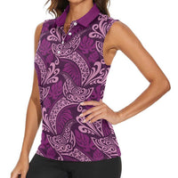 Royal Purple Monstera Women Sleeveless Polo Shirt Polynesian Tribal Pattern - Polynesian Pride