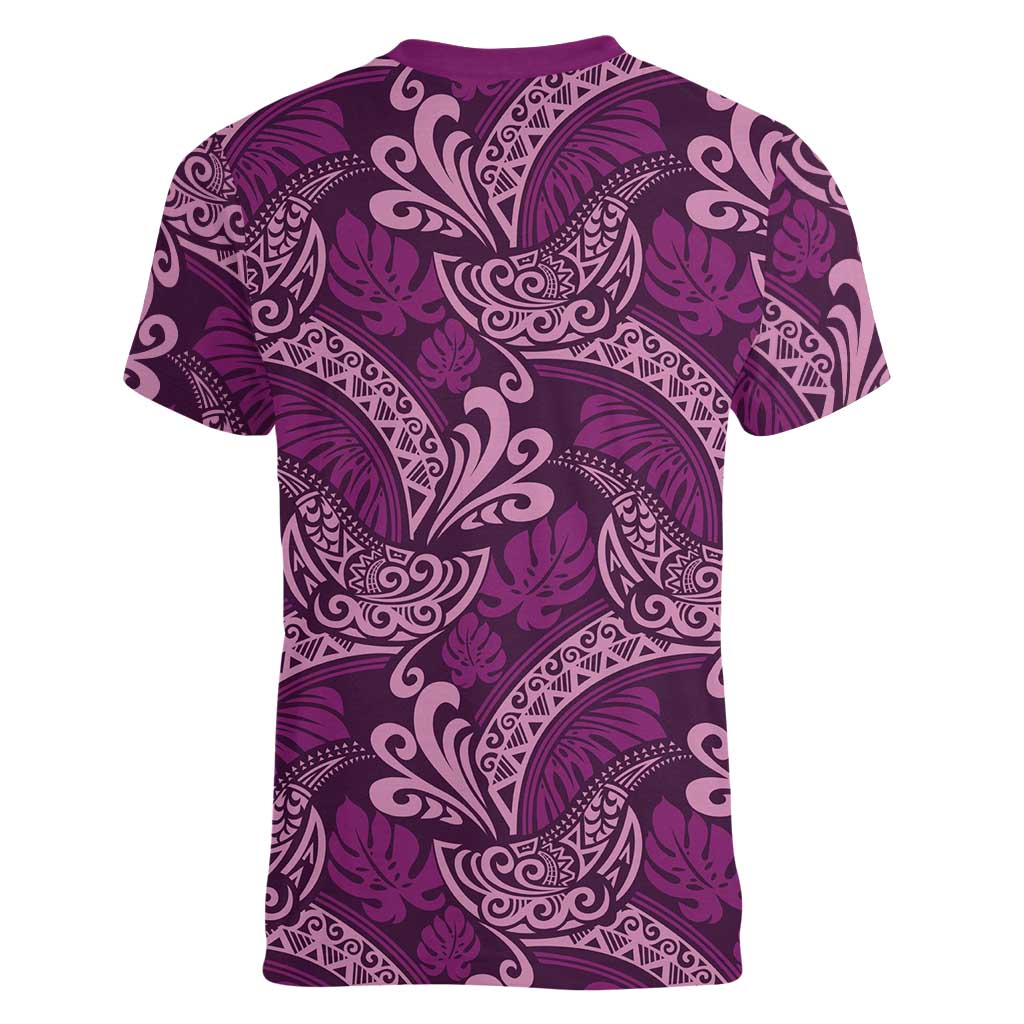 Royal Purple Monstera Women V-Neck T-Shirt Polynesian Tribal Pattern - Polynesian Pride