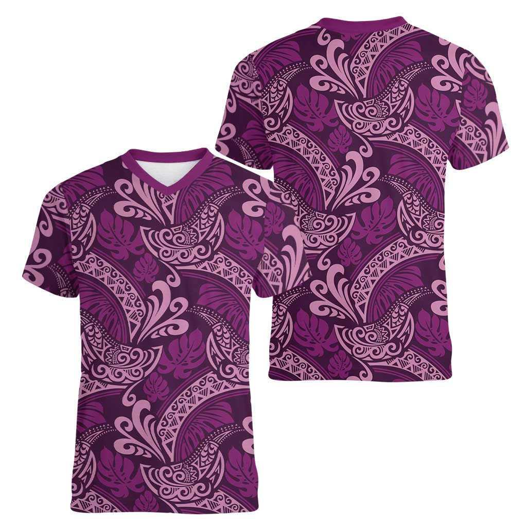 Royal Purple Monstera Women V-Neck T-Shirt Polynesian Tribal Pattern - Polynesian Pride