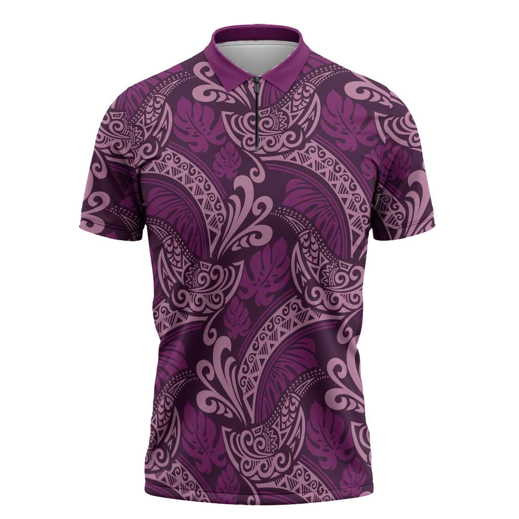 Royal Purple Monstera Zipper Polo Shirt Polynesian Tribal Pattern - Polynesian Pride