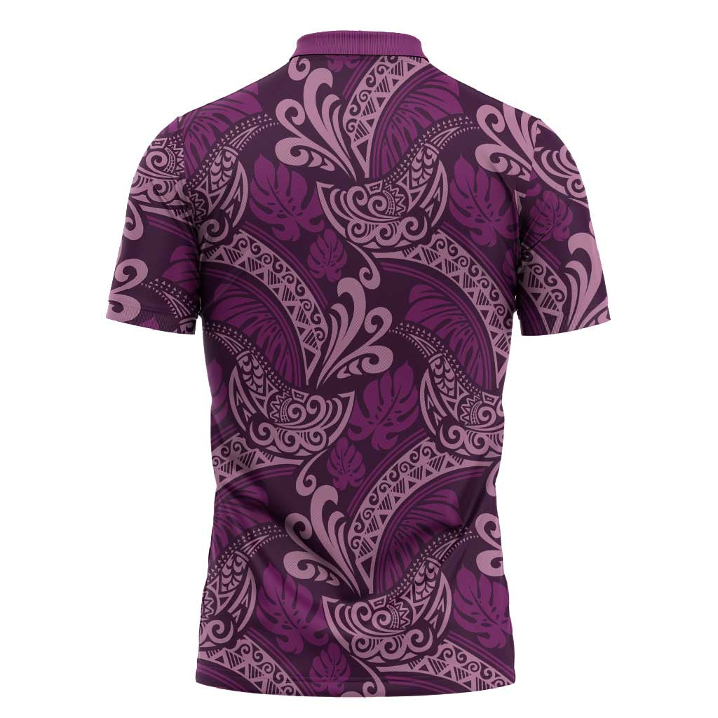 Royal Purple Monstera Zipper Polo Shirt Polynesian Tribal Pattern - Polynesian Pride