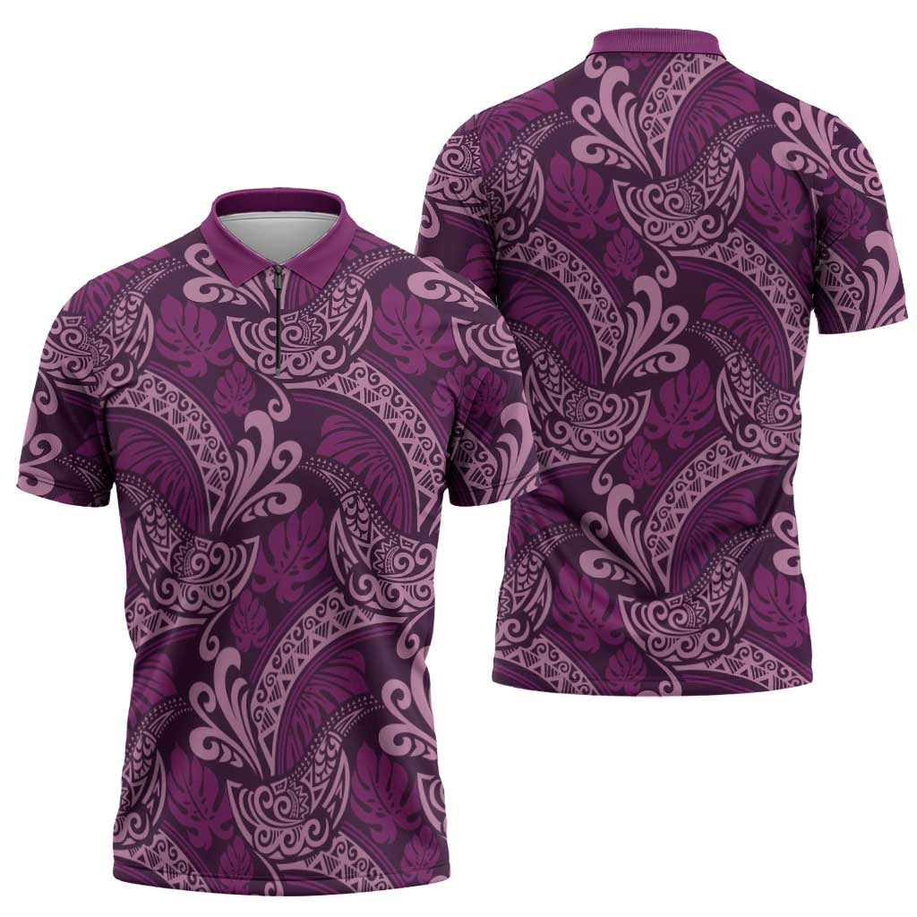 Royal Purple Monstera Zipper Polo Shirt Polynesian Tribal Pattern - Polynesian Pride