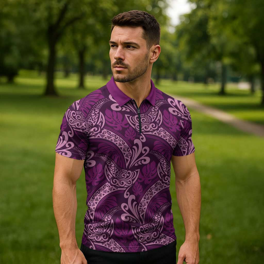 Royal Purple Monstera Zipper Polo Shirt Polynesian Tribal Pattern - Polynesian Pride