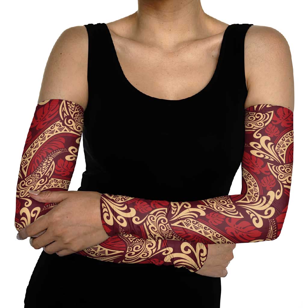 Luxury Red Monstera Arm Sleeves Polynesian Tribal Pattern - Polynesian Pride