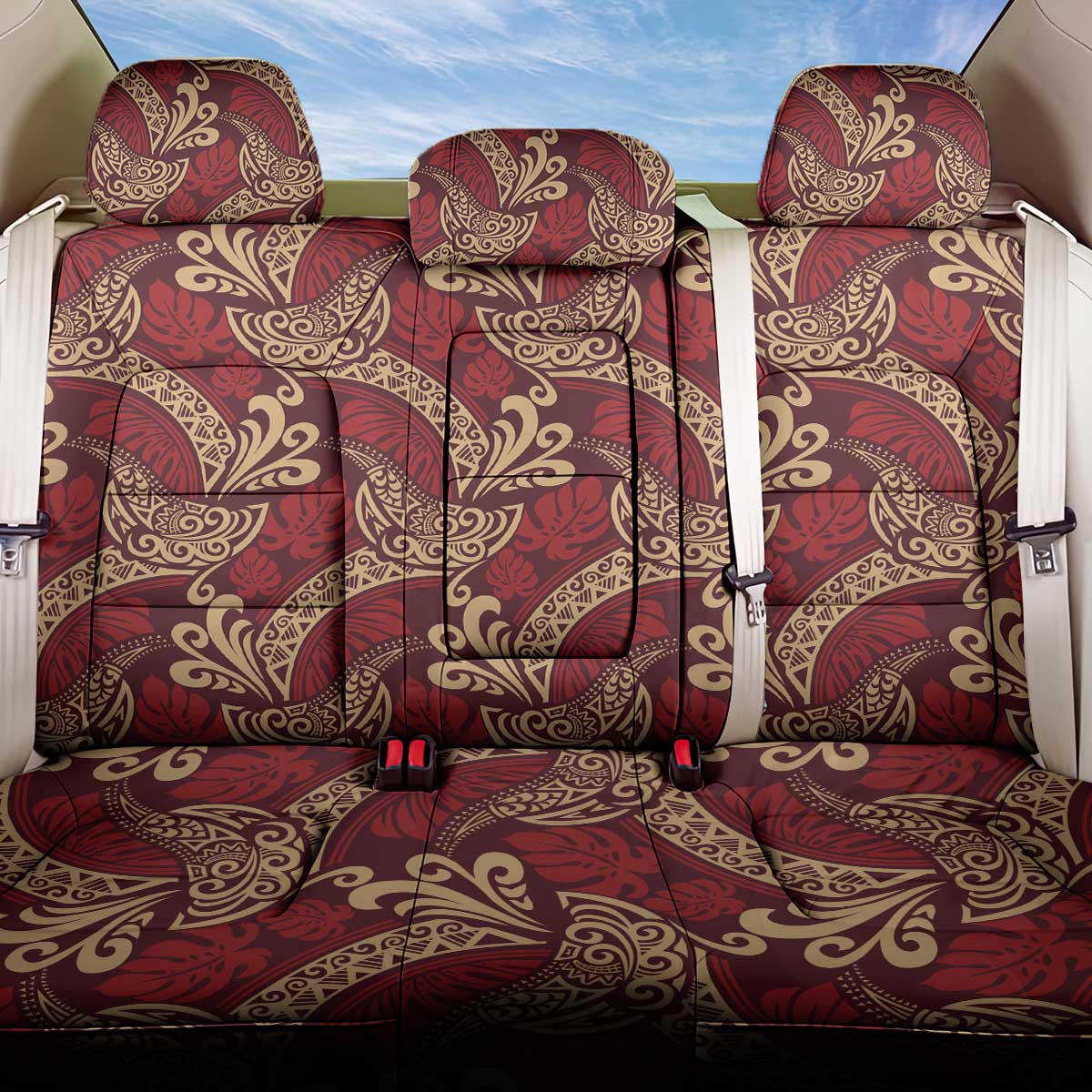 Luxury Red Monstera Back Car Seat Cover Polynesian Tribal Pattern - Polynesian Pride