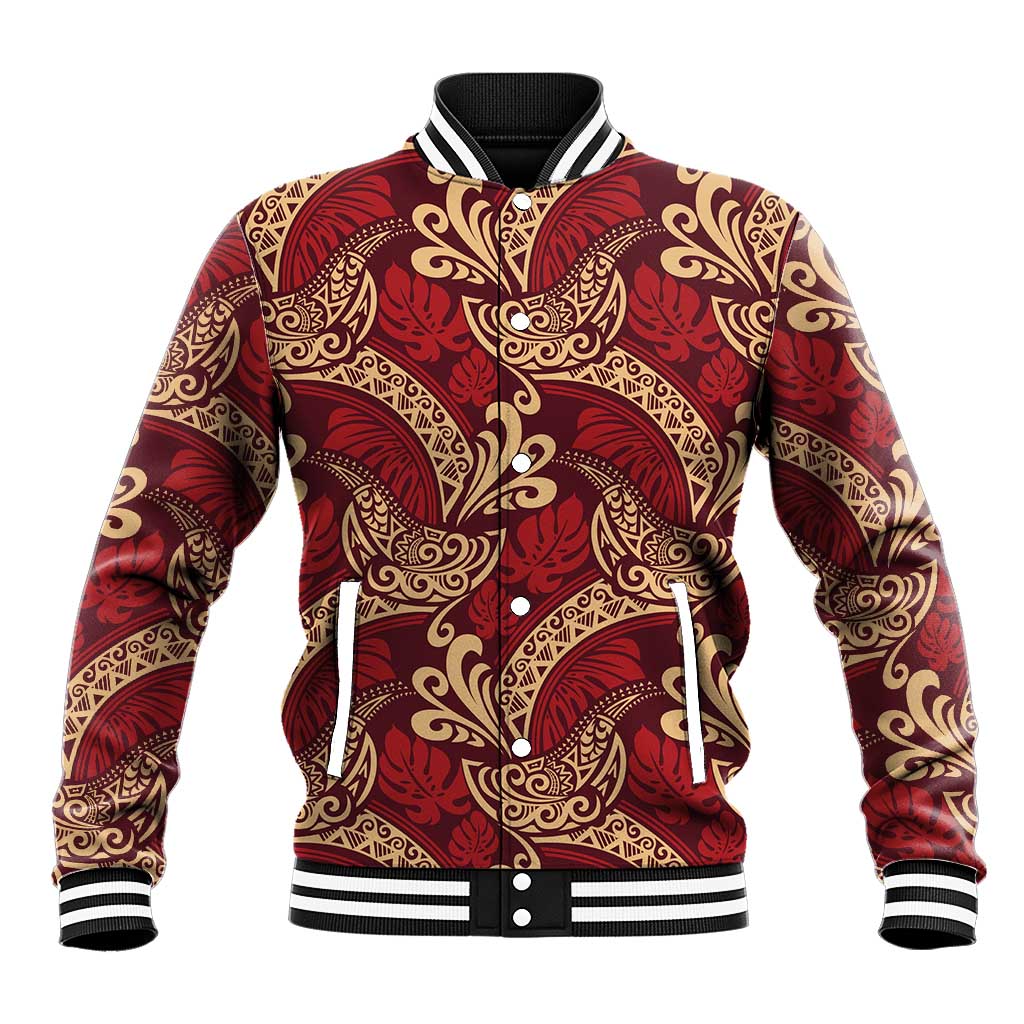 Luxury Red Monstera Baseball Jacket Polynesian Tribal Pattern - Polynesian Pride