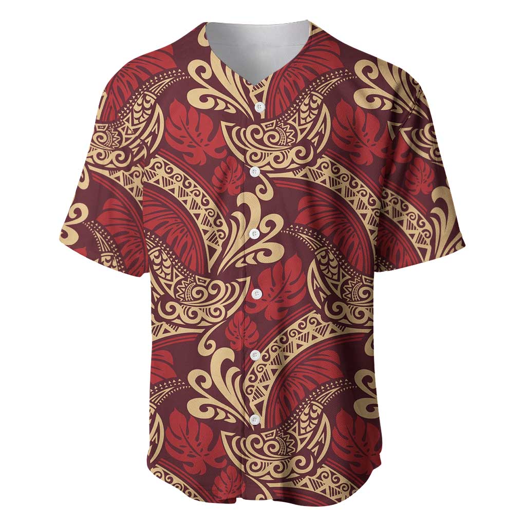 Luxury Red Monstera Baseball Jersey Polynesian Tribal Pattern - Polynesian Pride