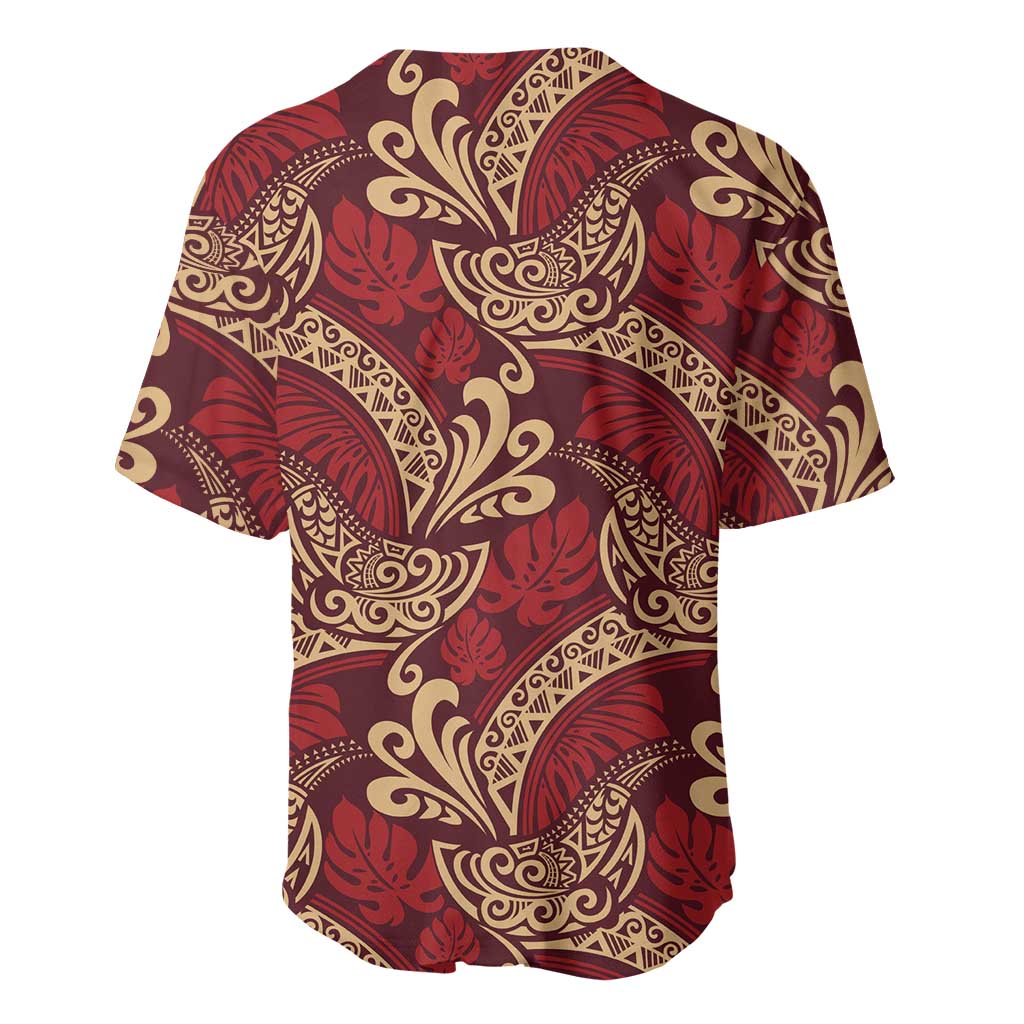 Luxury Red Monstera Baseball Jersey Polynesian Tribal Pattern - Polynesian Pride