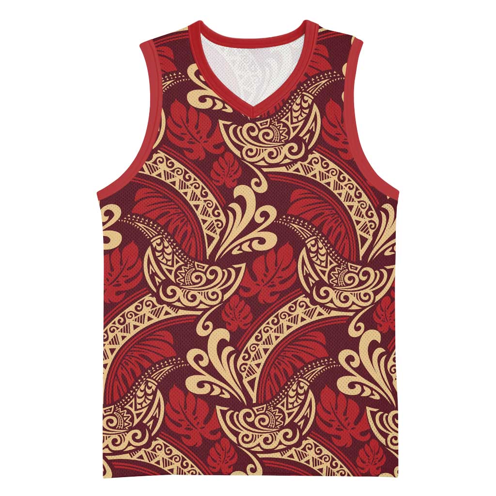 Luxury Red Monstera Basketball Jersey Polynesian Tribal Pattern - Polynesian Pride