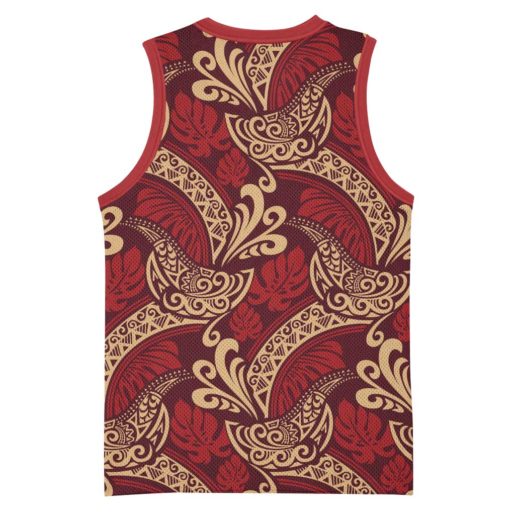 Luxury Red Monstera Basketball Jersey Polynesian Tribal Pattern - Polynesian Pride