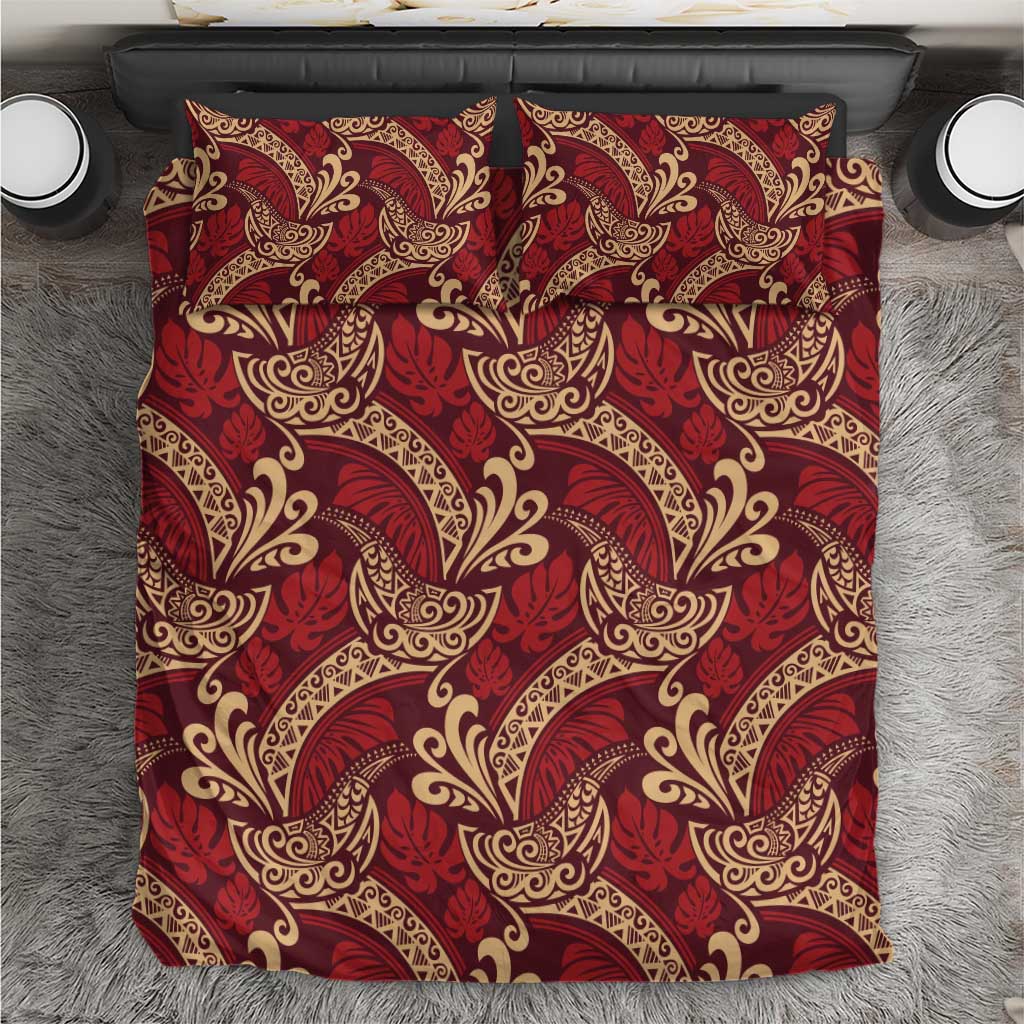Luxury Red Monstera Bedding Set Polynesian Tribal Pattern - Polynesian Pride