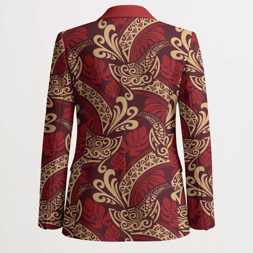 Luxury Red Monstera Blazer Polynesian Tribal Pattern - Polynesian Pride