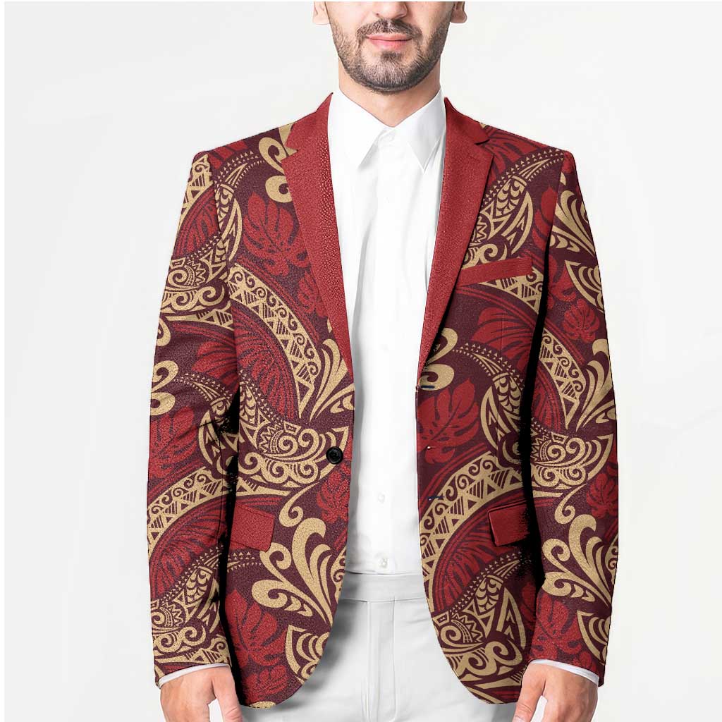 Luxury Red Monstera Blazer Polynesian Tribal Pattern - Polynesian Pride