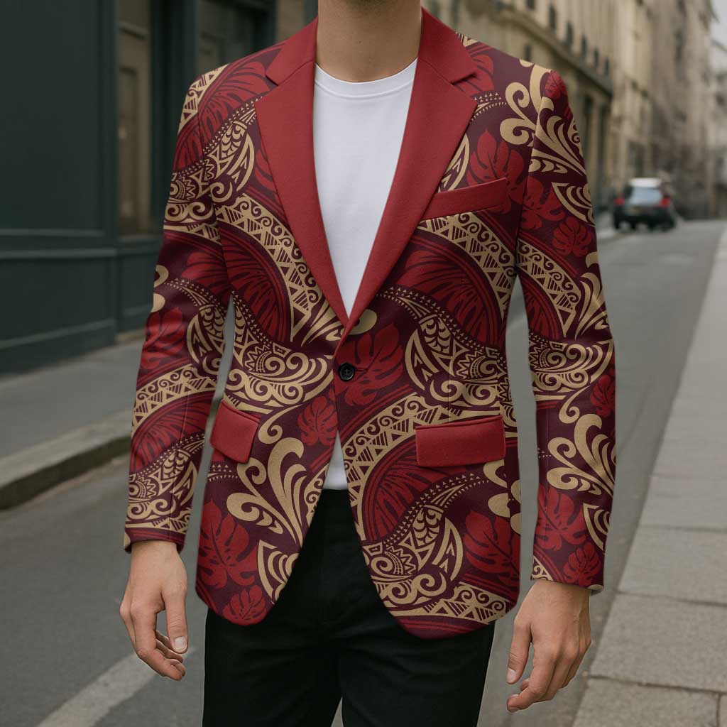 Luxury Red Monstera Blazer Polynesian Tribal Pattern - Polynesian Pride