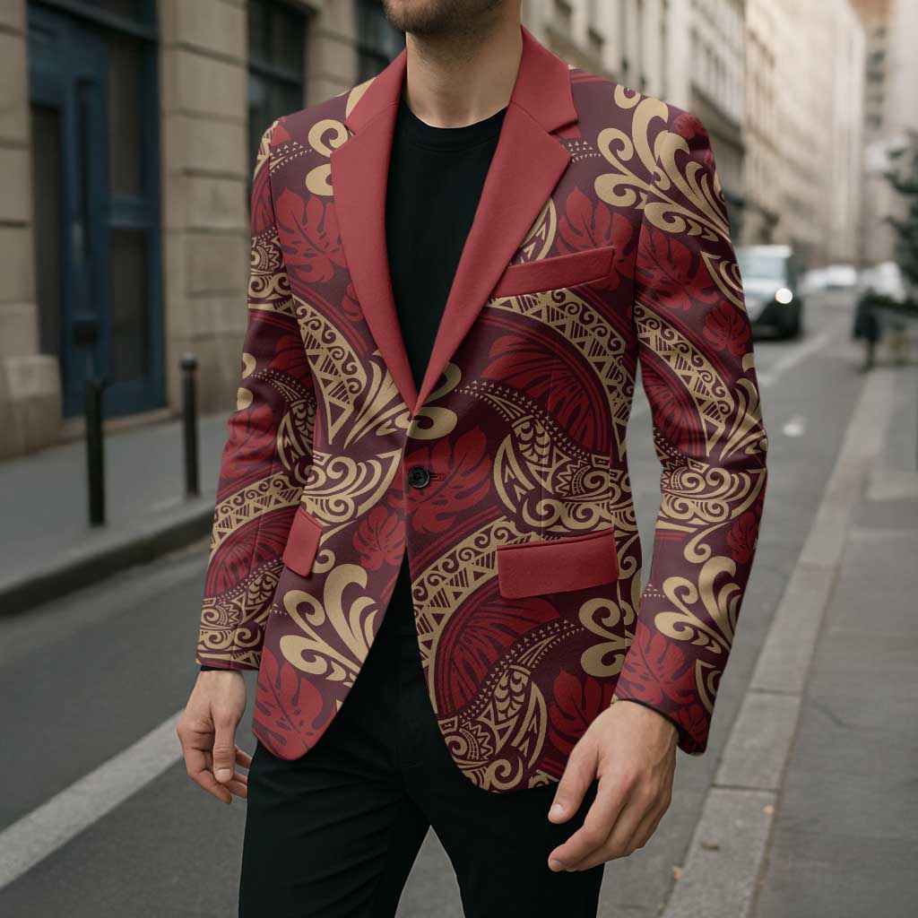 Luxury Red Monstera Blazer Polynesian Tribal Pattern - Polynesian Pride