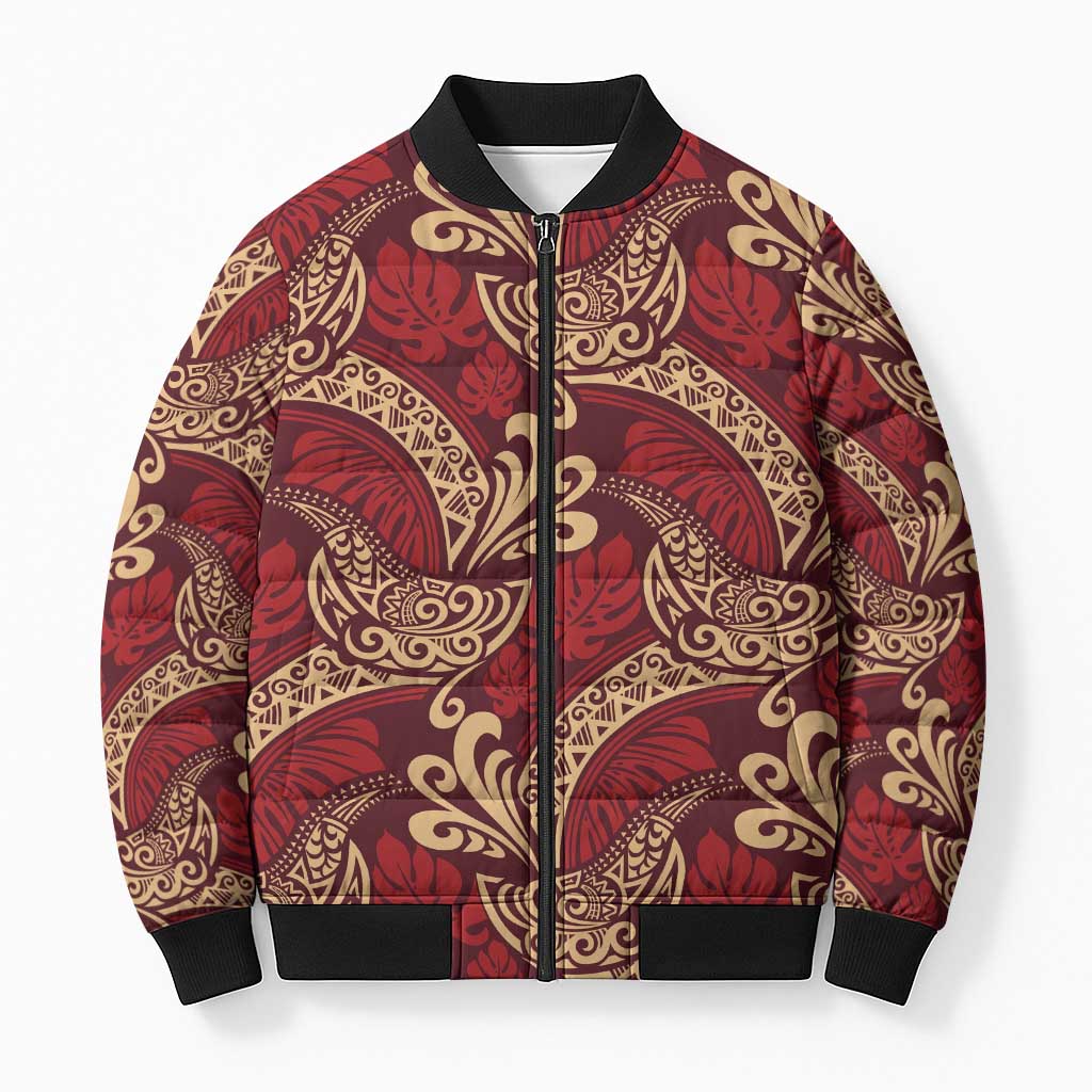 Luxury Red Monstera Bomber Puffer Jacket Polynesian Tribal Pattern - Polynesian Pride